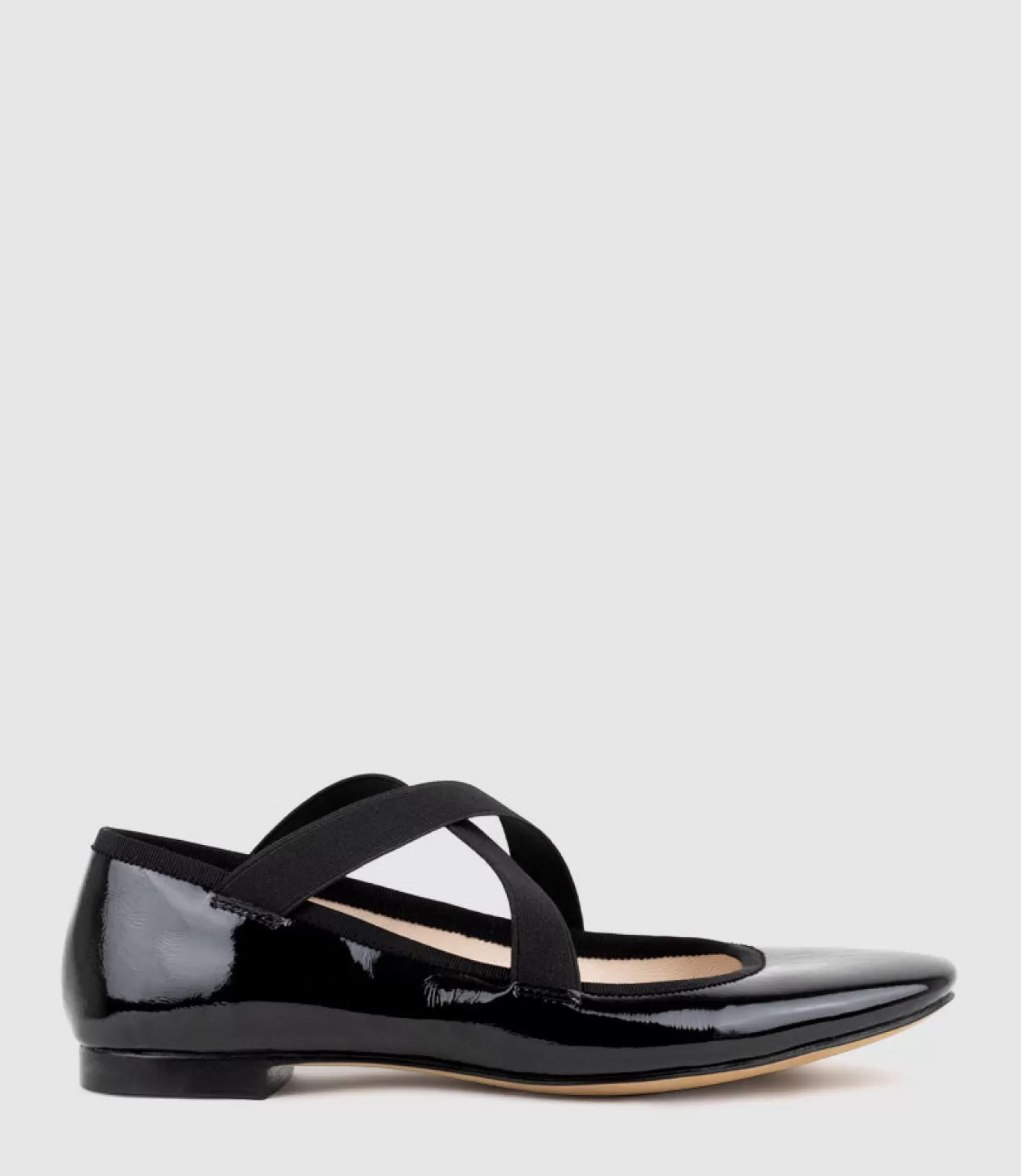 Edward Meller Ballet Flats<Felicity Elastic Cross Strap Ballet In Black Patent