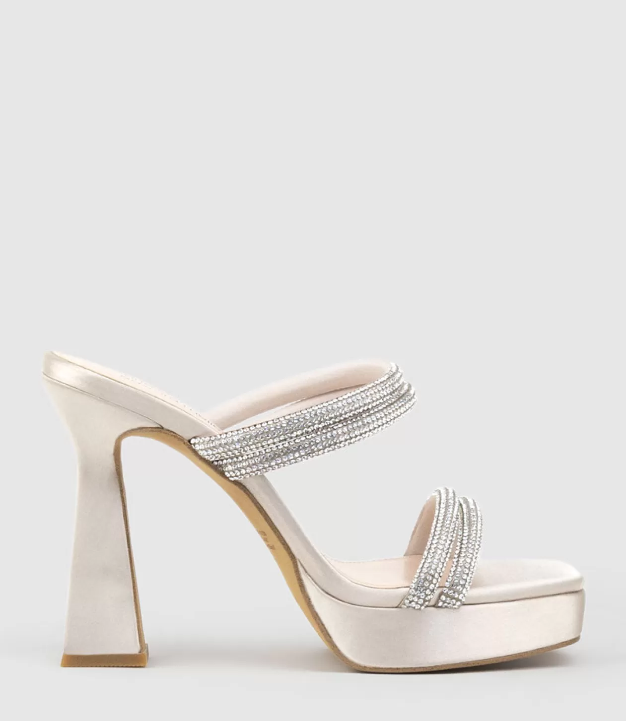 Edward Meller High Heel Sandals<Isla110 Diamante Mulitband Platform Slide In Champagne Satin