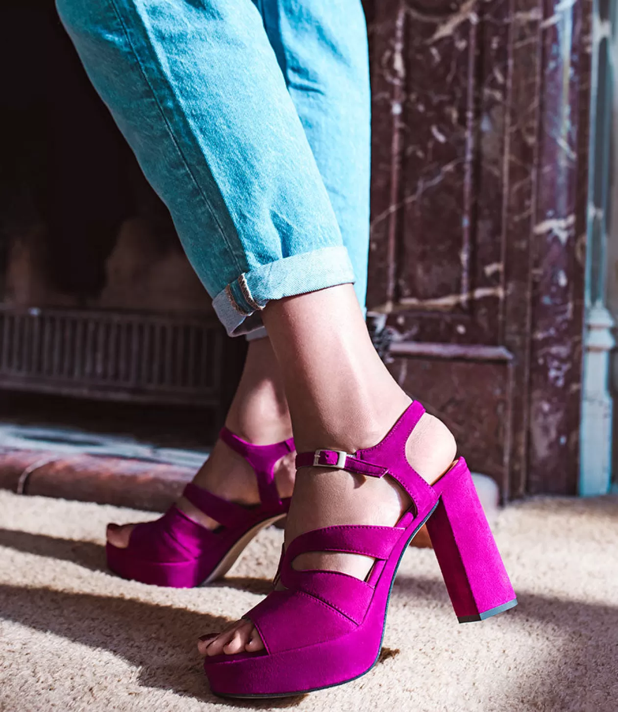 Edward Meller High Heel Sandals<Reya100 Open Toe Platform Sandal In Magenta Suede